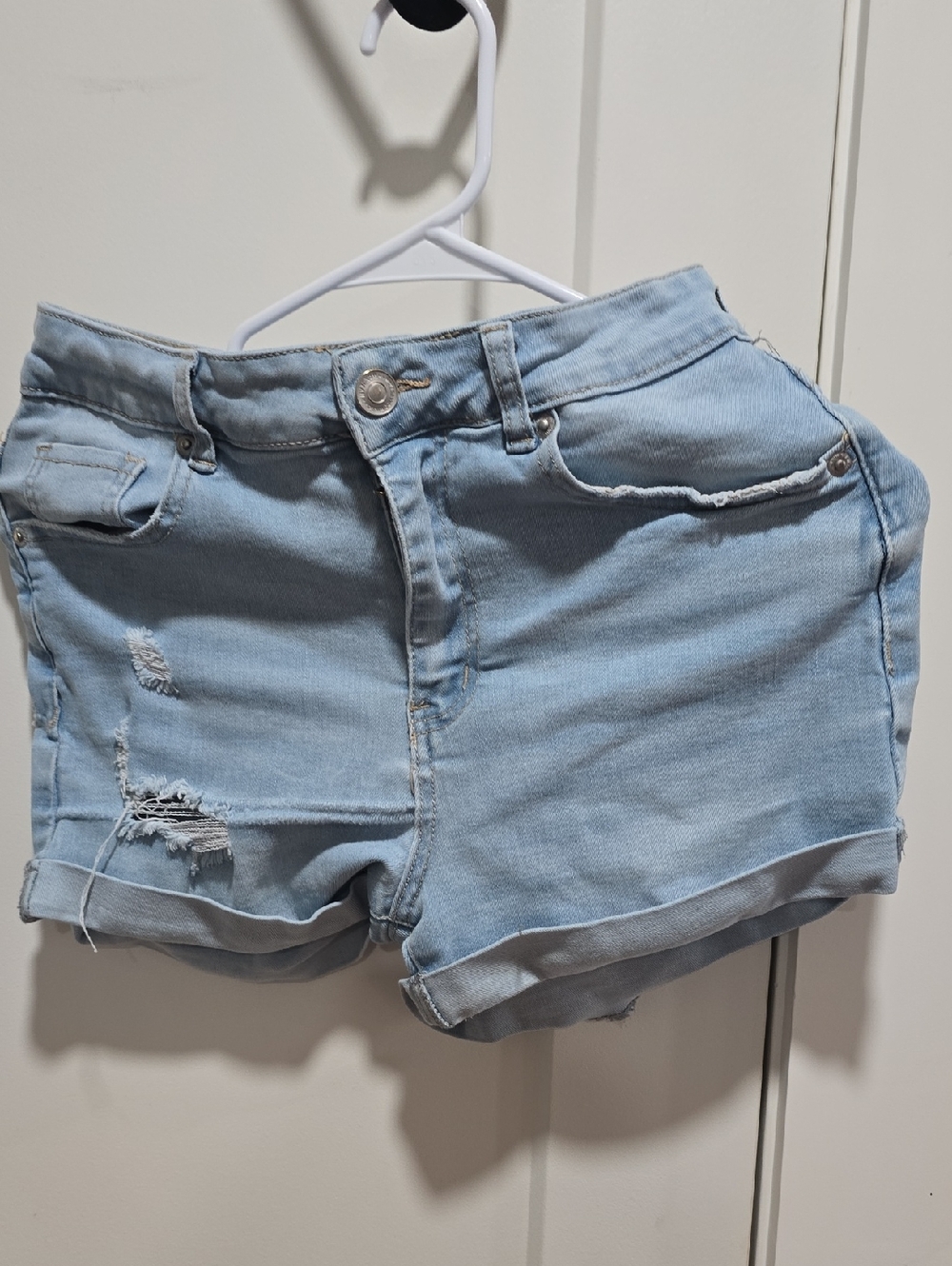 Wax Jean Light Blue Distressed Rolled-Hem Shorts